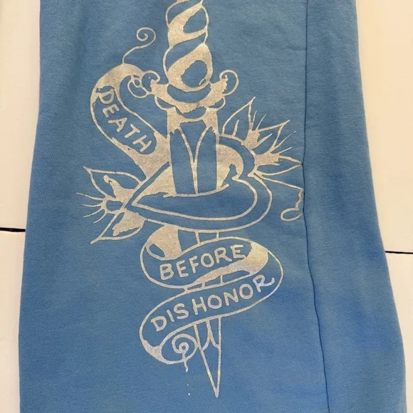 Ed Hardy Flower Skulls Powder Blue Women’s Sweatpants Medium Graphic Print Y2K - Picture 8 of 13